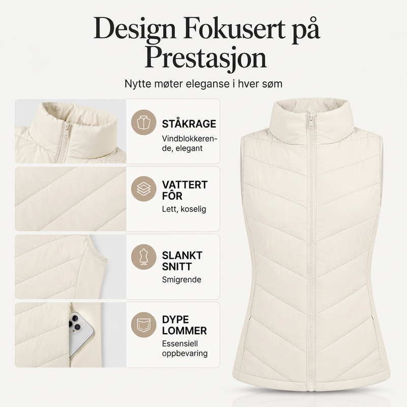 Dame quiltet pufferves med ståkrage