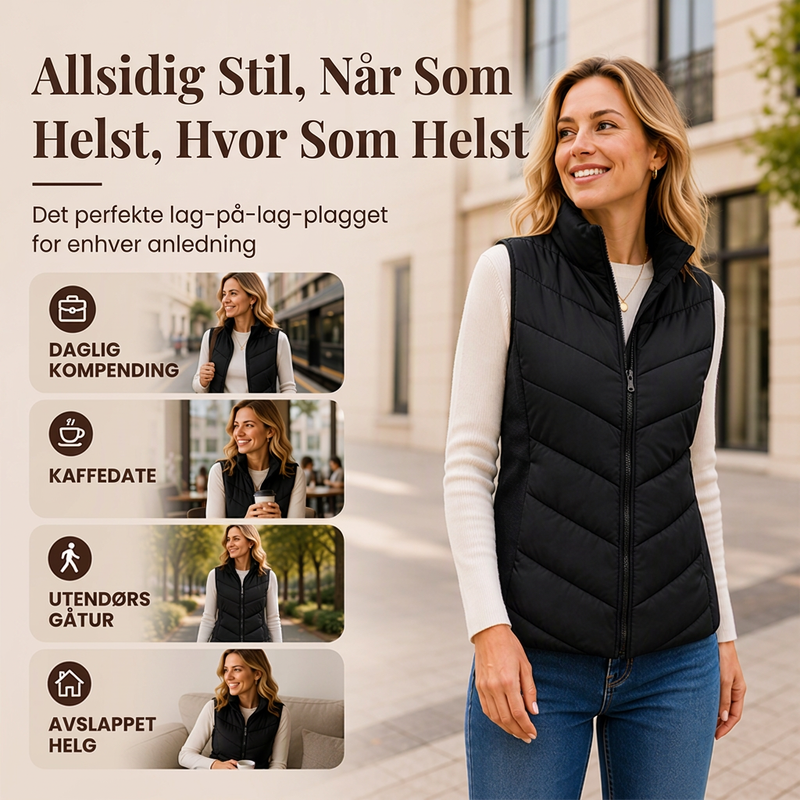 Dame quiltet pufferves med ståkrage