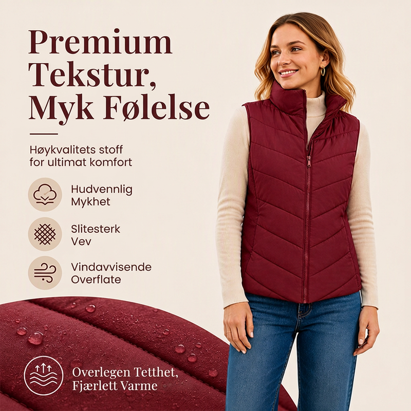 Dame quiltet pufferves med ståkrage