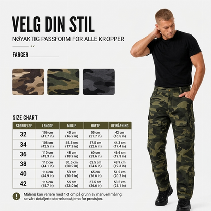 Cargobukser for menn med kamuflasjemønster og flere lommer