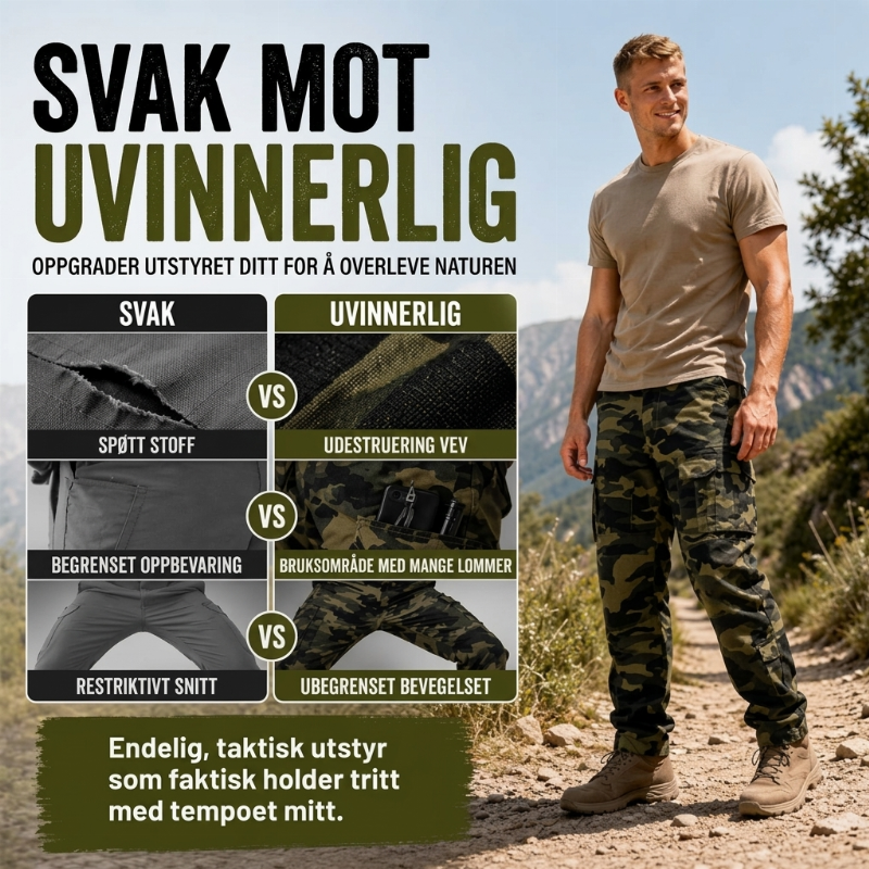 Cargobukser for menn med kamuflasjemønster og flere lommer