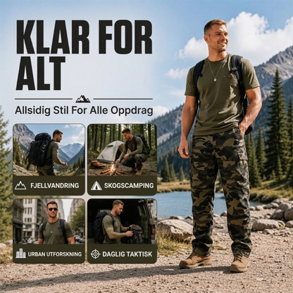 Cargobukser for menn med kamuflasjemønster og flere lommer