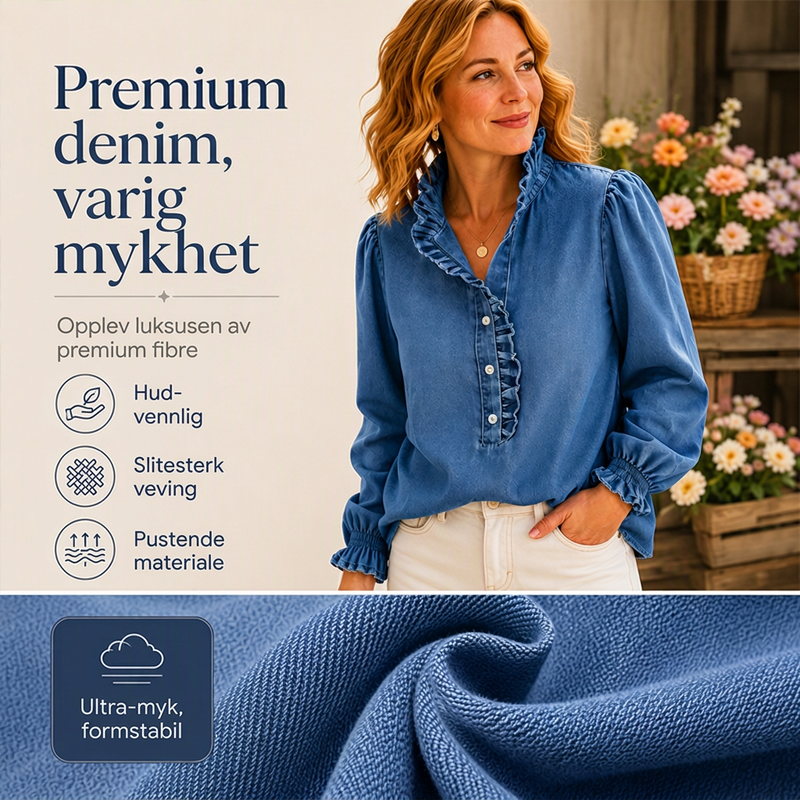 Dongerskjorte for kvinner med volangkrage og puffermer