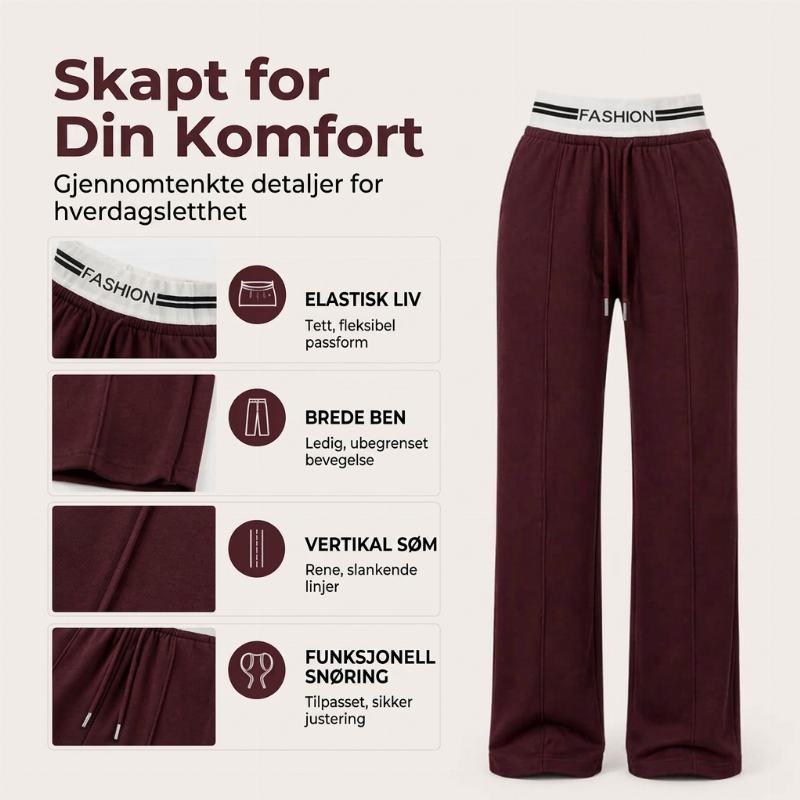 Damebukser med høy midje og vide legger, joggebukser