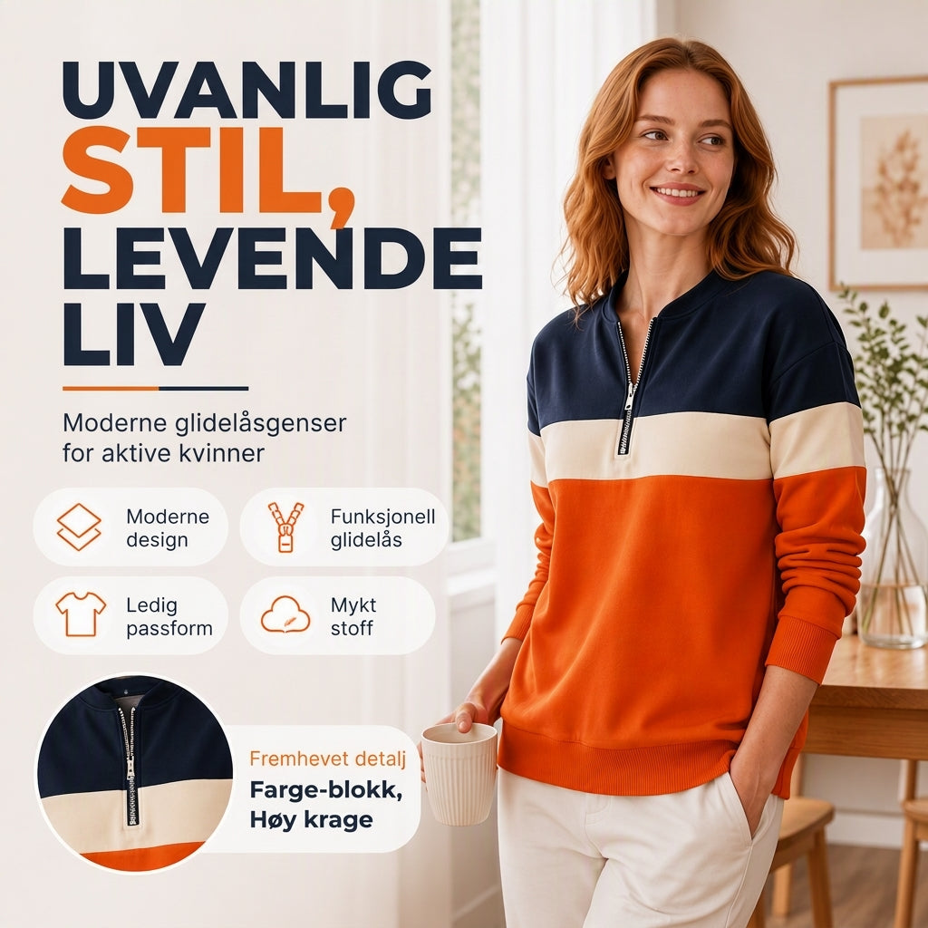 Genser med halvt glidelås og fargeblokk for kvinner