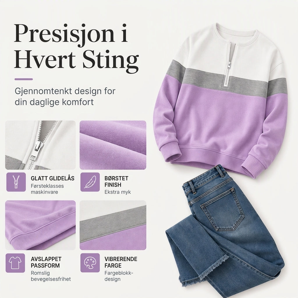 Genser med halvt glidelås og fargeblokk for kvinner