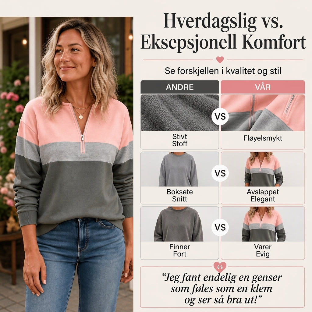 Genser med halvt glidelås og fargeblokk for kvinner