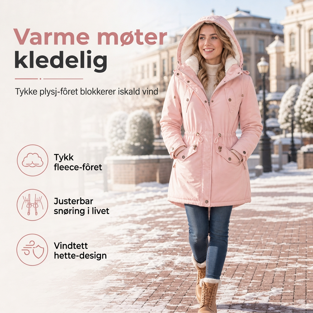 Vattert vinterfrakk med hette og fleecefôr for kvinner