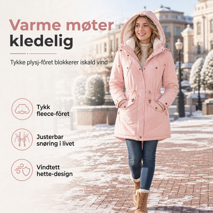 Vattert vinterfrakk med hette og fleecefôr for kvinner