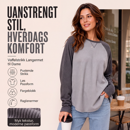 Langermet topp med vaffelstrikking og fargeblokkdesign for kvinner