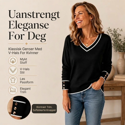 Elegant strikket topp for kvinner med kontrast-V-hals