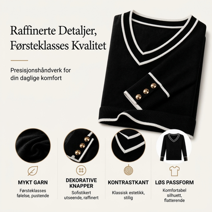 Elegant strikket topp for kvinner med kontrast-V-hals