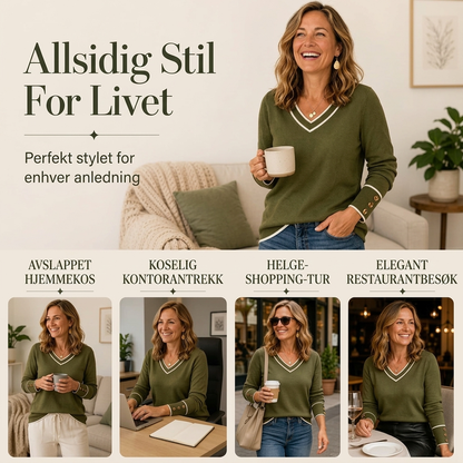 Elegant strikket topp for kvinner med kontrast-V-hals