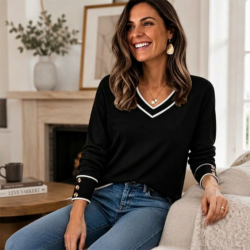 Elegant strikket topp for kvinner med kontrast-V-hals