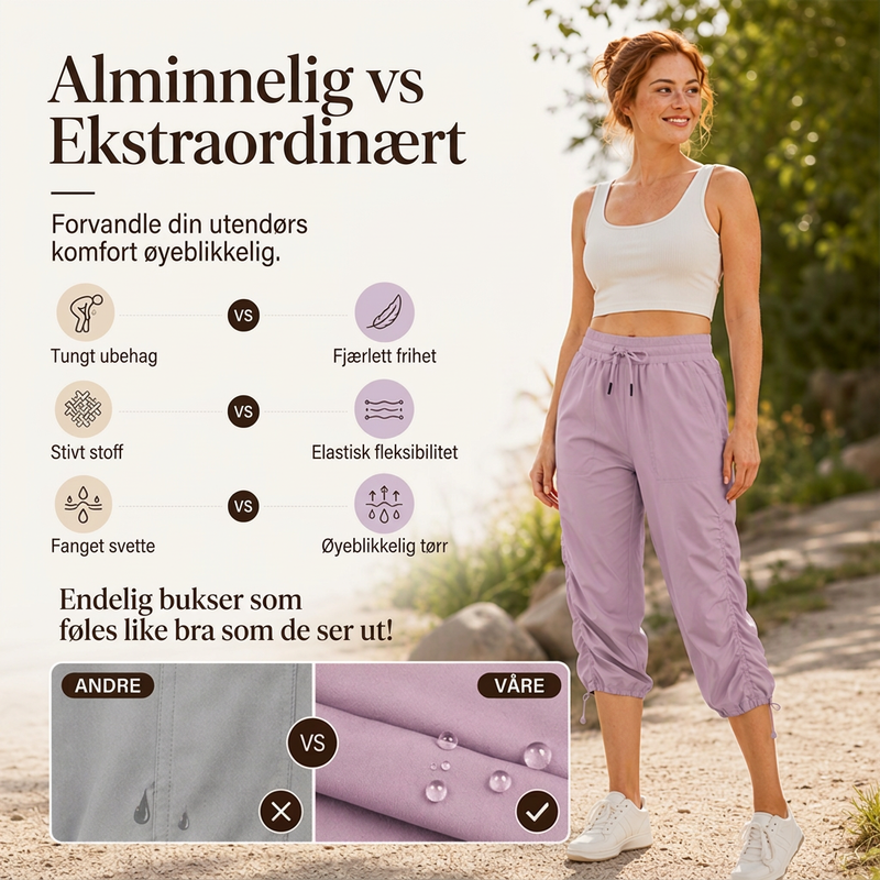 Lette hurtigtørkende capribukser for kvinner