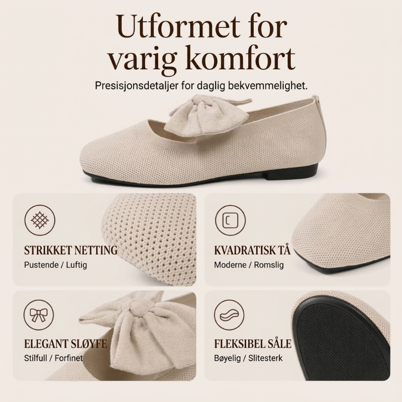 Knit-flate sko med firkantet tå og sløyfe for kvinner