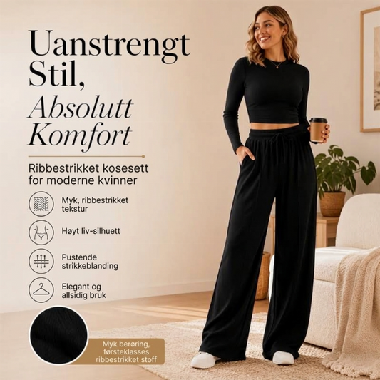 Sett med ribbet cropped topp og vide bukser for kvinner