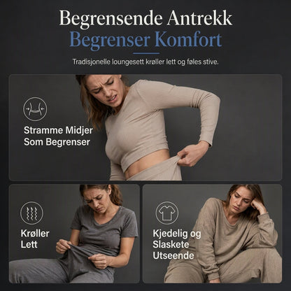 Kvinnelig fritidssett med V-hals, lyktermer, kort topp og høymidjede vide bukser