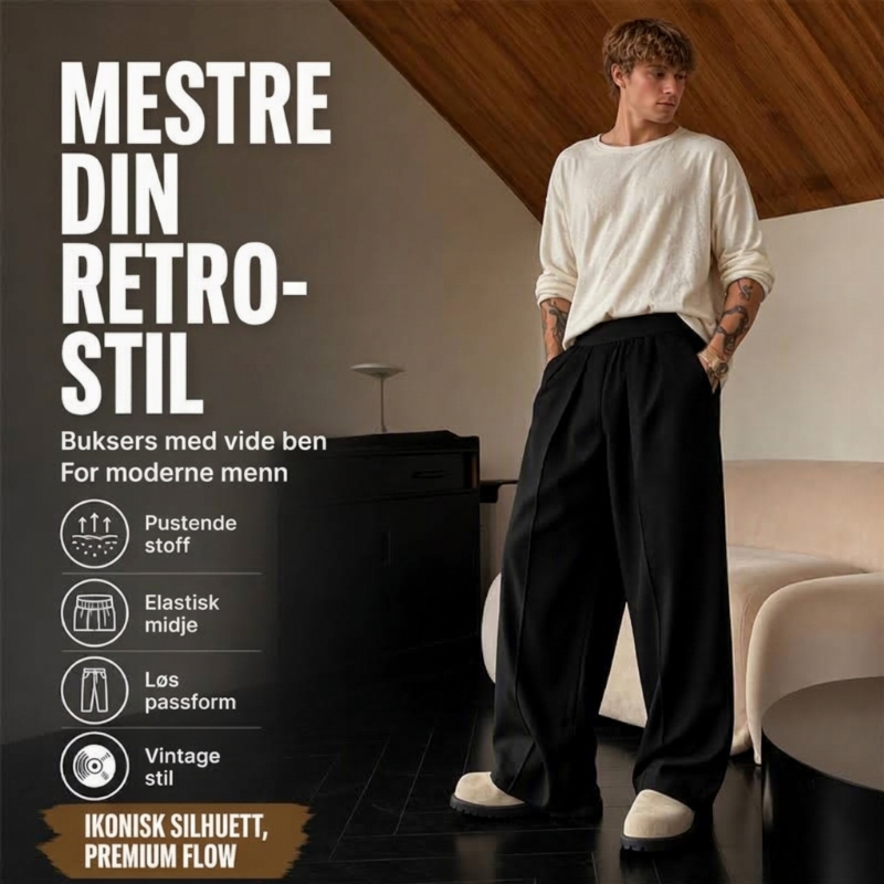 Avslappede plisserte vide bukser for menn