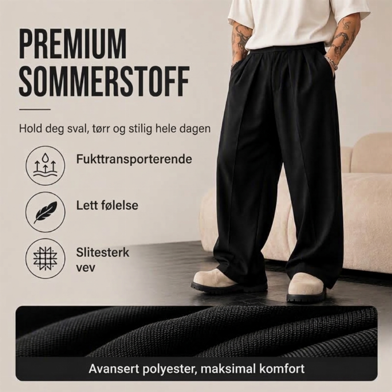 Avslappede plisserte vide bukser for menn