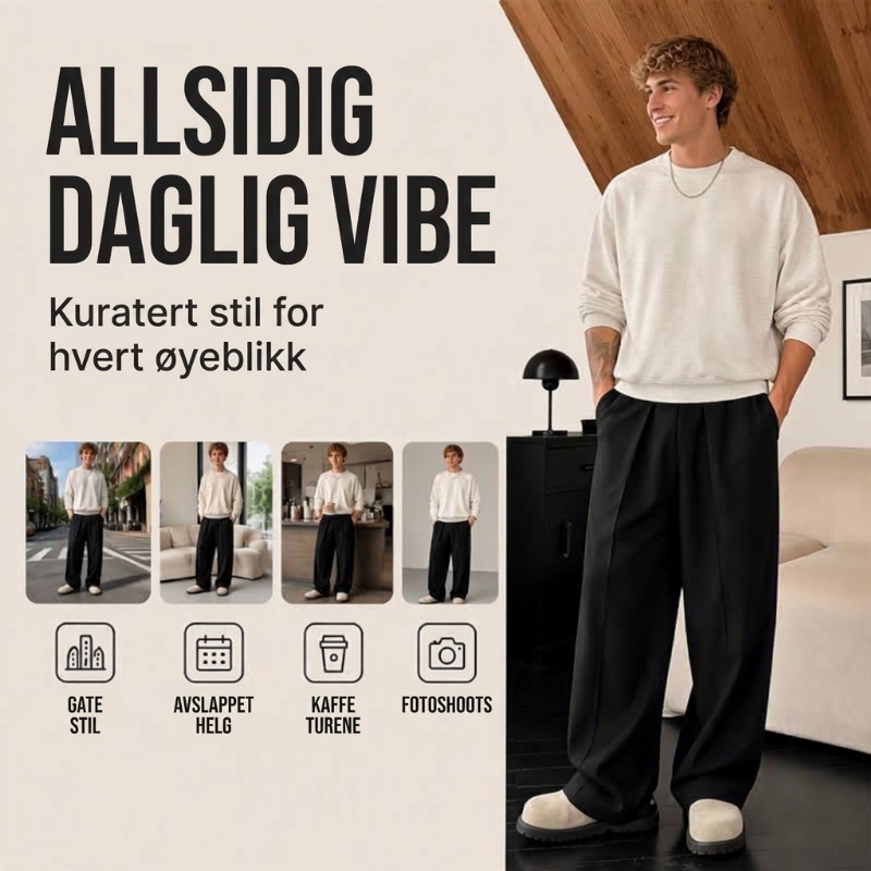 Avslappede plisserte vide bukser for menn