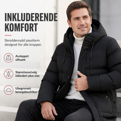 Herre uformell mellomlang polstret vinterjakke, tykk og varm, store størrelser tilgjengelig