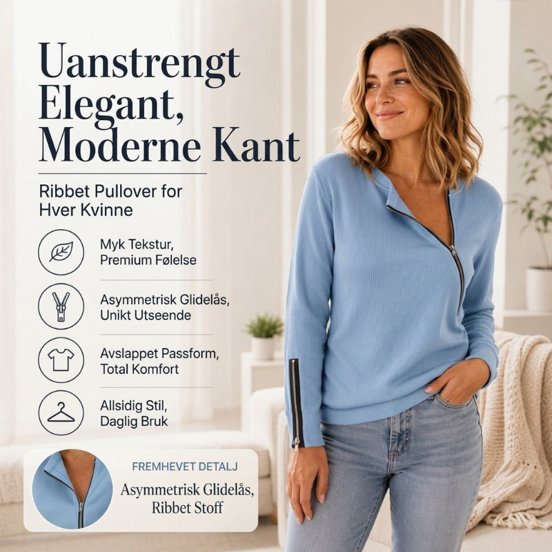 Dame ribbestrikket topp med asymmetrisk glidelås