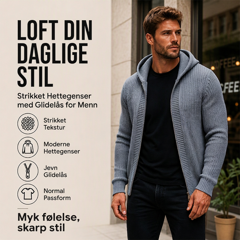Uformell strikkegenser med glidelås og hette for menn