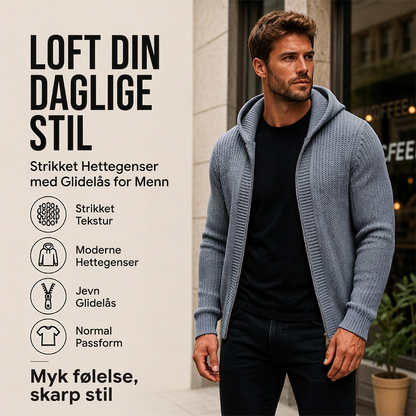 Uformell strikkegenser med glidelås og hette for menn
