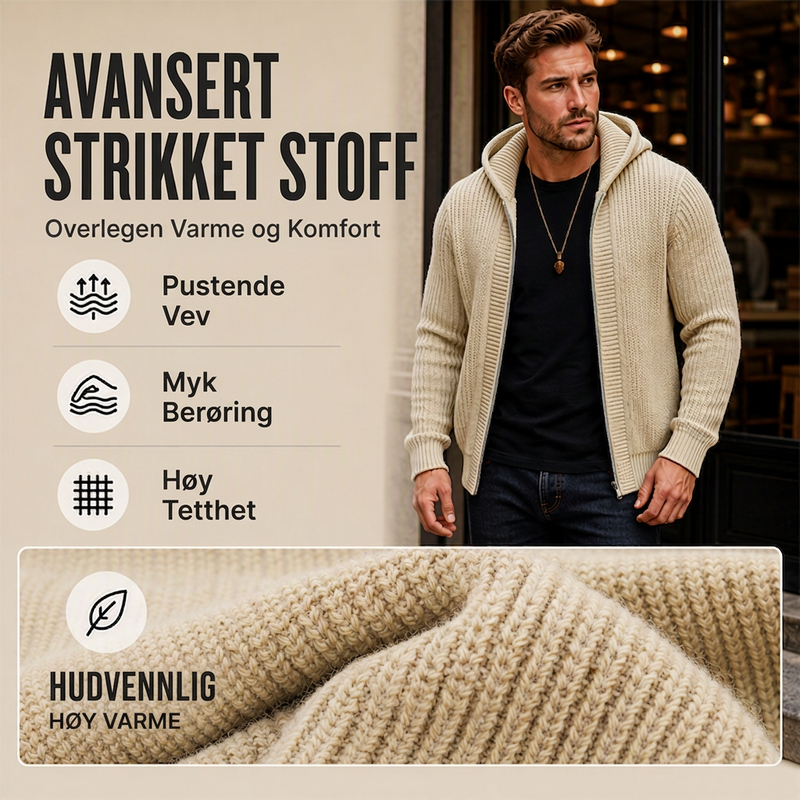 Uformell strikkegenser med glidelås og hette for menn