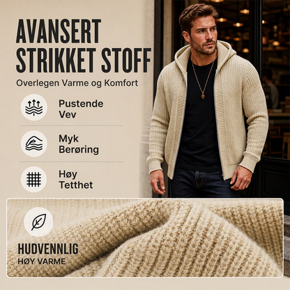 Uformell strikkegenser med glidelås og hette for menn