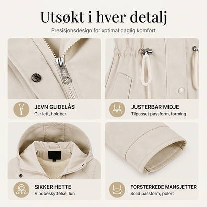 Uformell varm mellomlang jakke med hette for kvinner