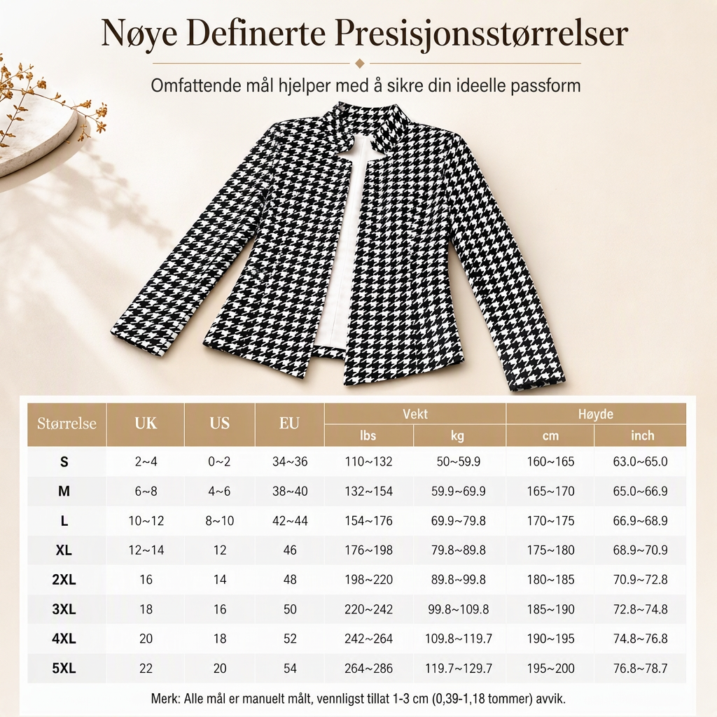 Hundetannmønster med åpen front, delt stålkrage og smal passform