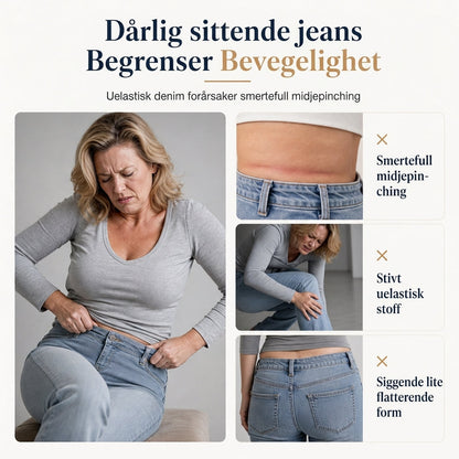 Damejeans med høy midje og utslådde ben, strekkdenim, slank passform med dobbelknapp i midjen
