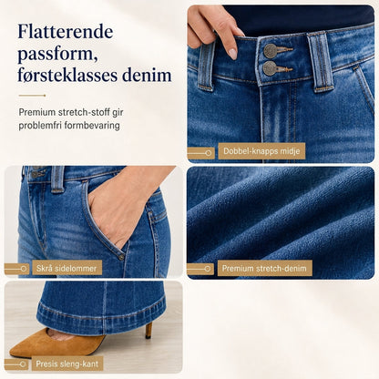 Damejeans med høy midje og utslådde ben, strekkdenim, slank passform med dobbelknapp i midjen
