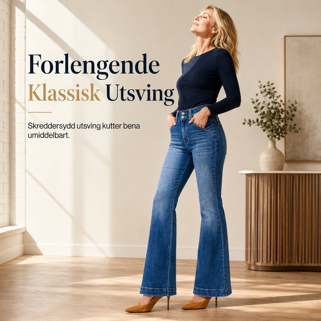 Damejeans med høy midje og utslådde ben, strekkdenim, slank passform med dobbelknapp i midjen