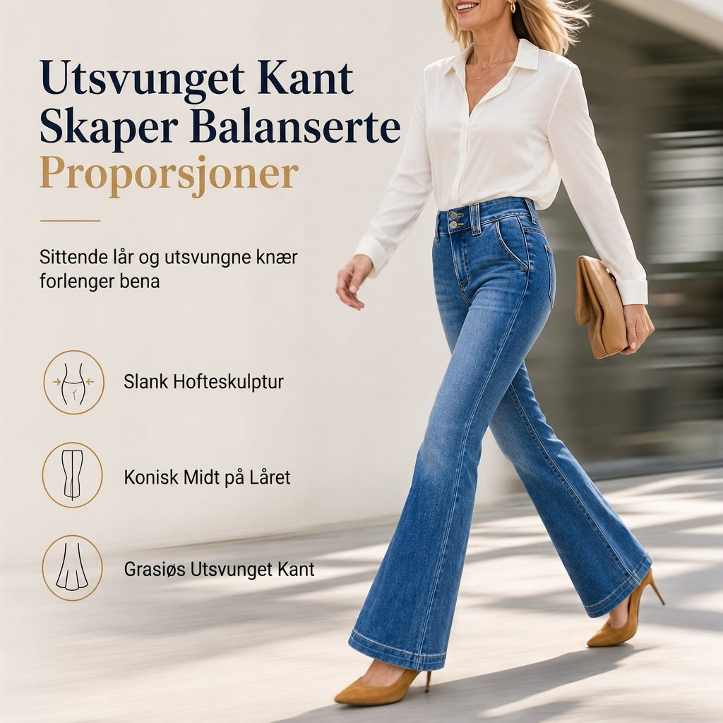 Damejeans med høy midje og utslådde ben, strekkdenim, slank passform med dobbelknapp i midjen