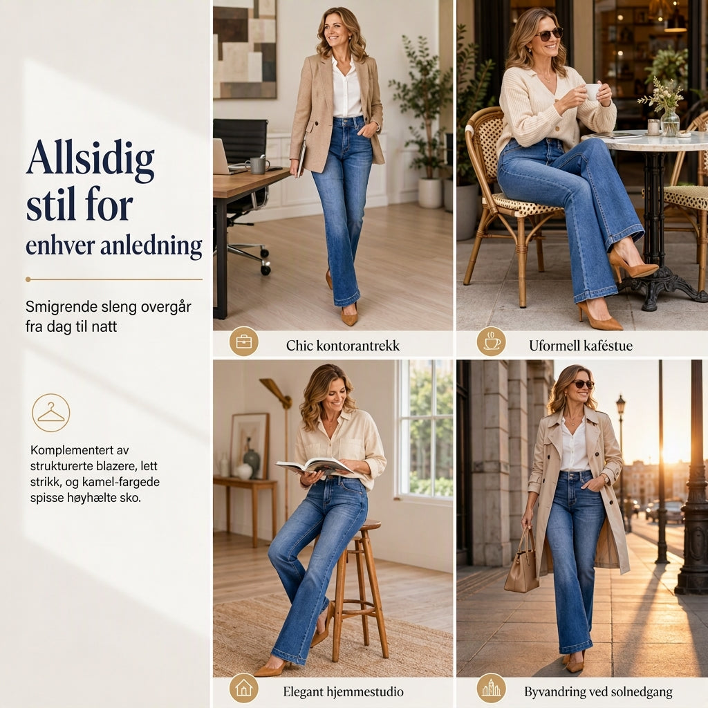 Damejeans med høy midje og utslådde ben, strekkdenim, slank passform med dobbelknapp i midjen