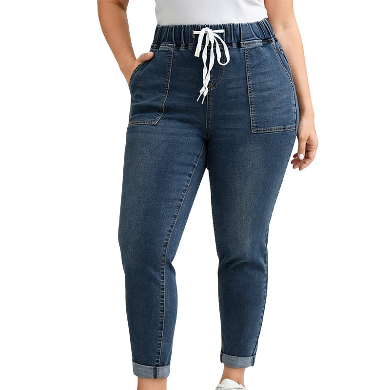 Jeansbukser for kvinner med elastisk midje og lommer