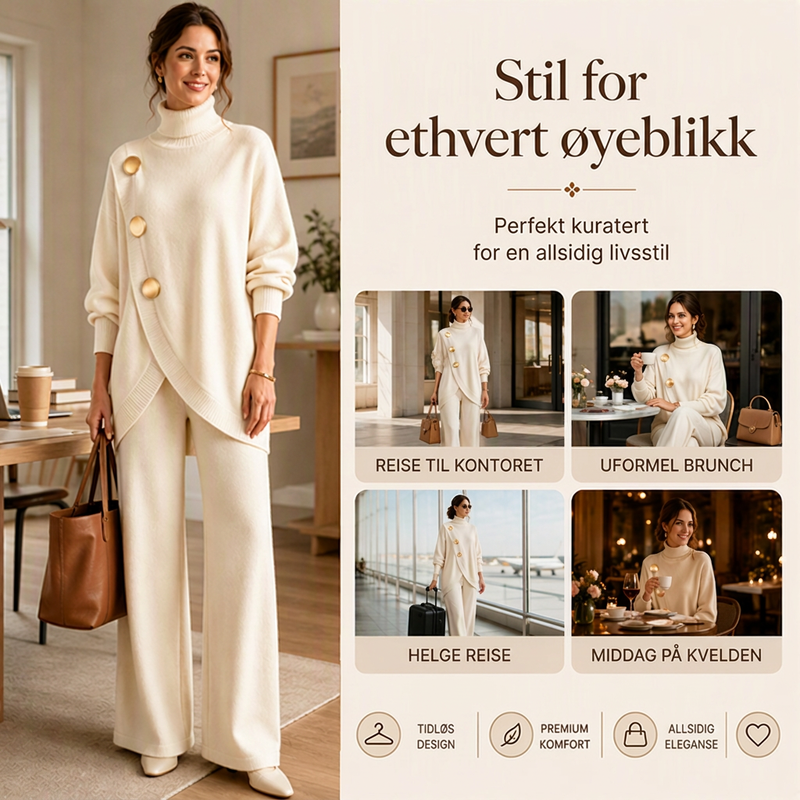 Elegant sett med høyhalset genser og videbukser for kvinner
