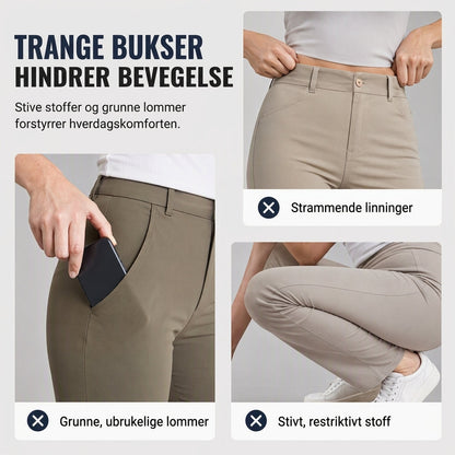Dames løstsittende cargo-bukser med rette ben, elastisk midje med snøring og praktiske sidelommer