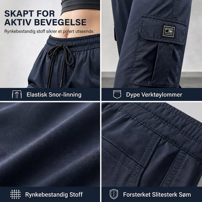 Dames løstsittende cargo-bukser med rette ben, elastisk midje med snøring og praktiske sidelommer
