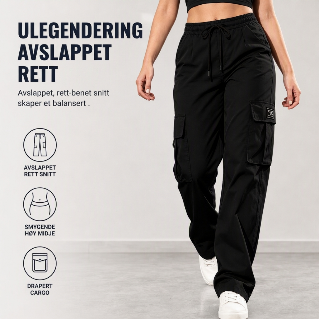 Dames løstsittende cargo-bukser med rette ben, elastisk midje med snøring og praktiske sidelommer