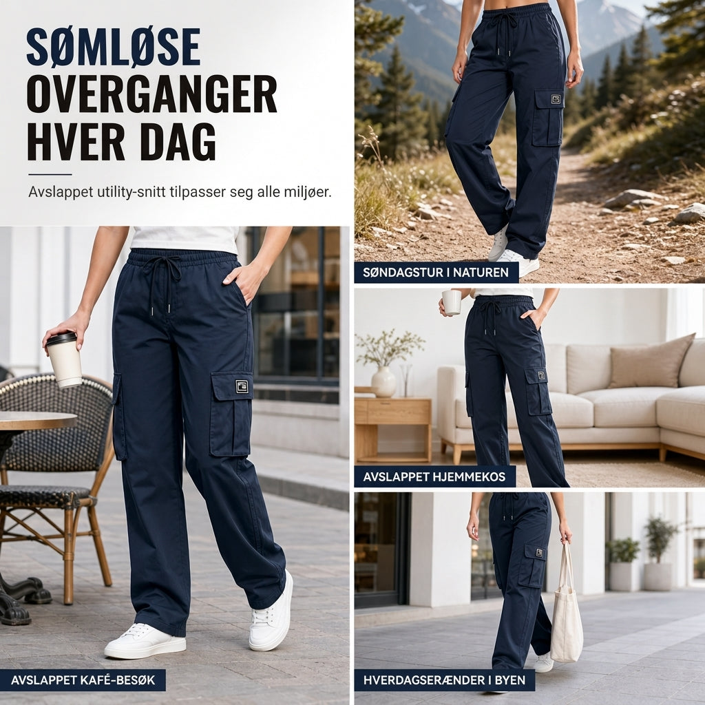 Dames løstsittende cargo-bukser med rette ben, elastisk midje med snøring og praktiske sidelommer