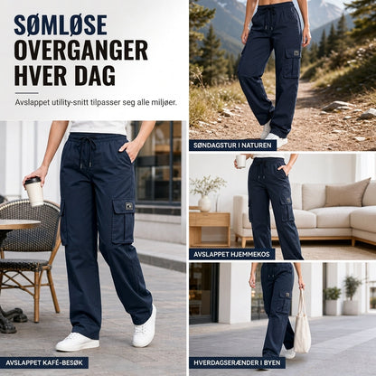 Dames løstsittende cargo-bukser med rette ben, elastisk midje med snøring og praktiske sidelommer