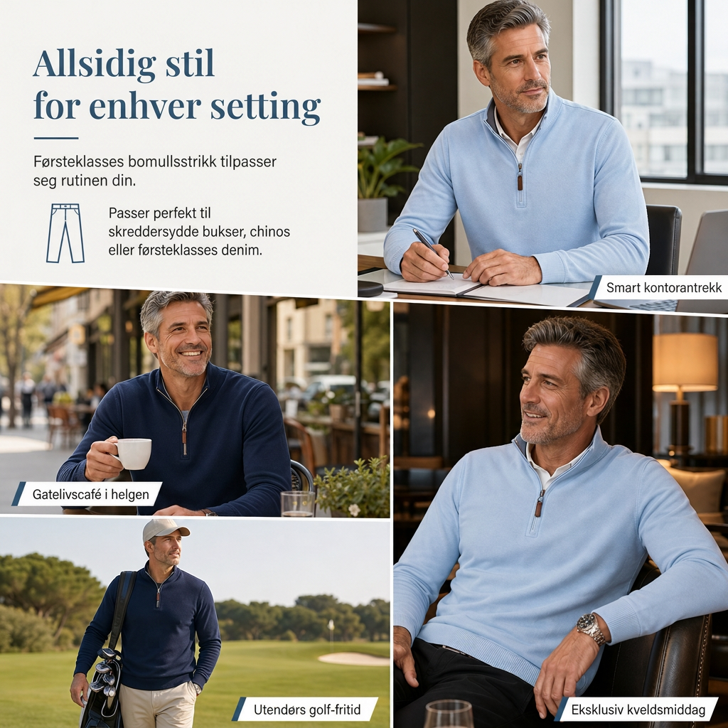 Genser for menn med kvart glidelås, stående krage, bomullsblanding og lange ermer