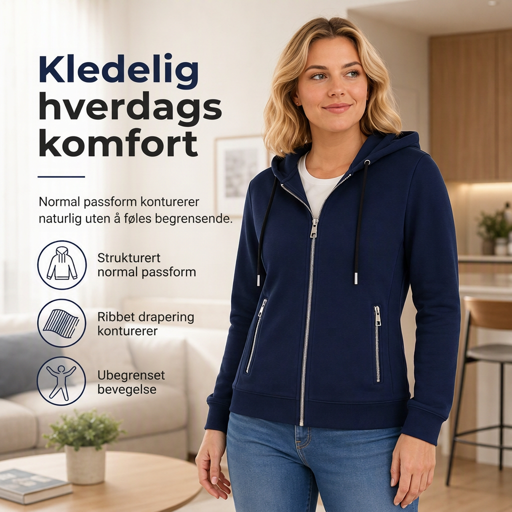 Premium hettegenser for kvinner med hel glidelås og glidelåslommer