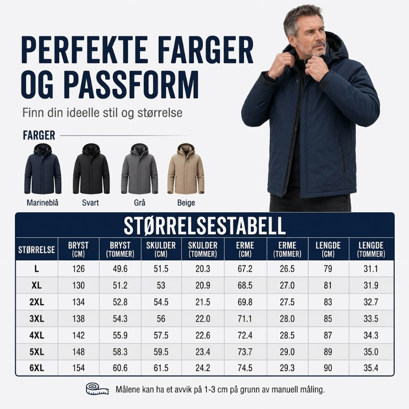Vanntett herrejakke med hette og plysjfor