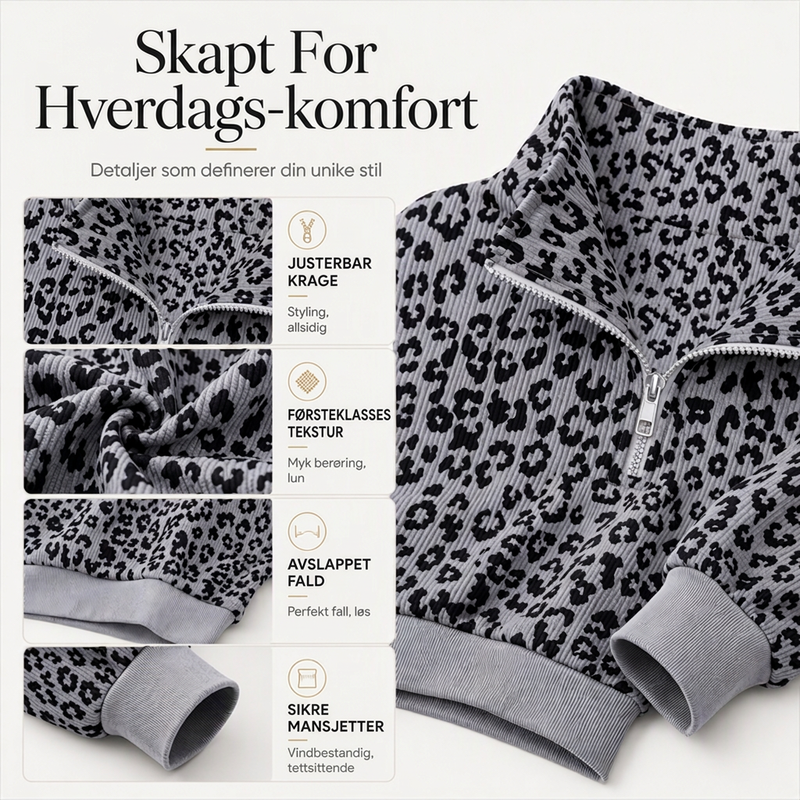 Damegenser med leopardmønstring og kvart glidelås