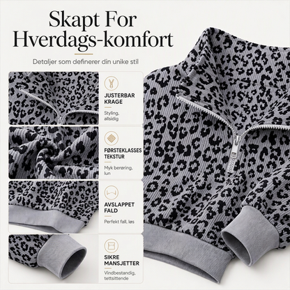 Damegenser med leopardmønstring og kvart glidelås